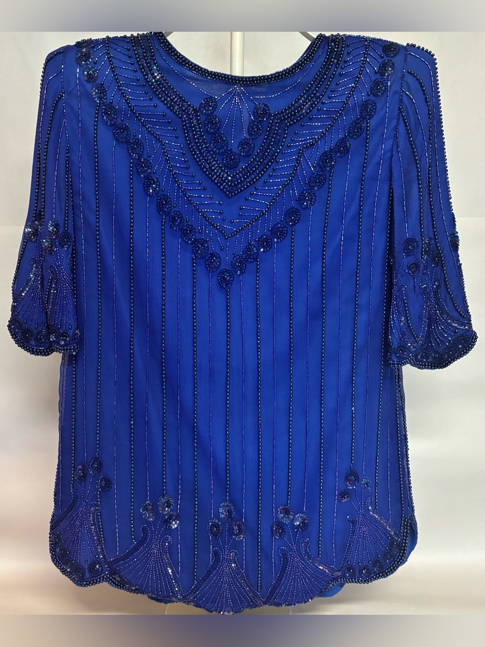 VTG Scala 100% Silk Beaded Sequin Top Blouse Royal Cobalt Blue Royal S